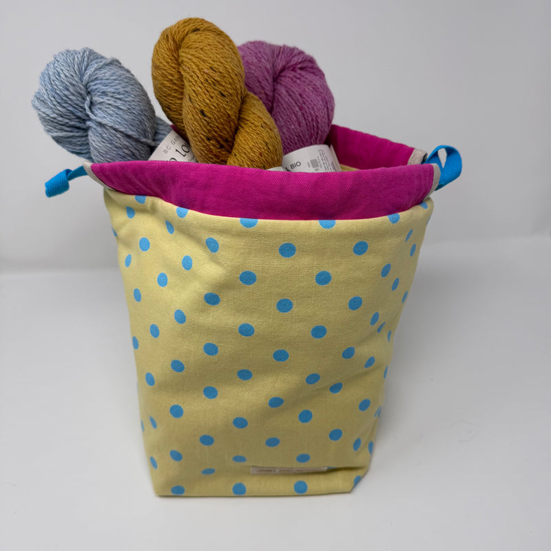 Medium Handmade Drawstring Project Bag – Bright Polka Dots