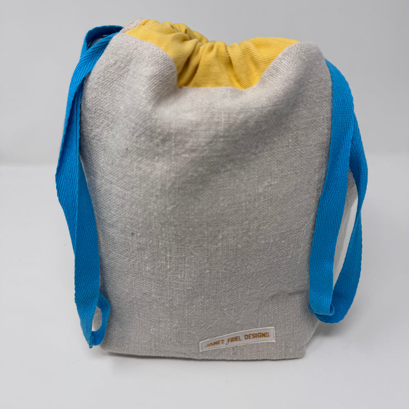 Medium Handmade Drawstring Project Bag – Undyed Linen with Accents