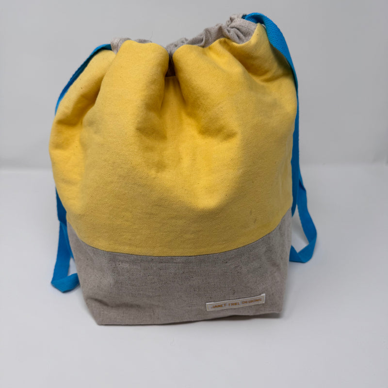 Large Handmade Drawstring Project Bag – Yellow Hand-dyed Cotton/Linen